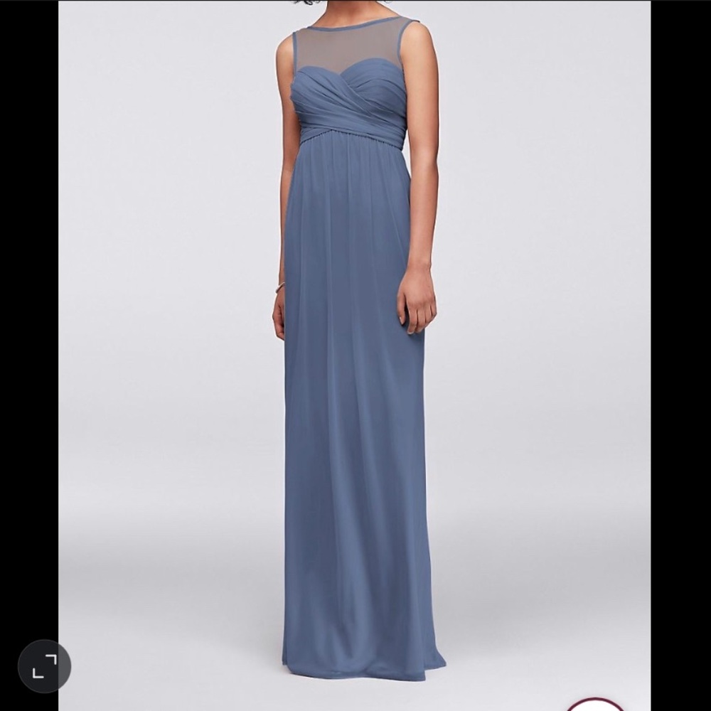 David’s Bridal Long Mesh Dress Steel Blue